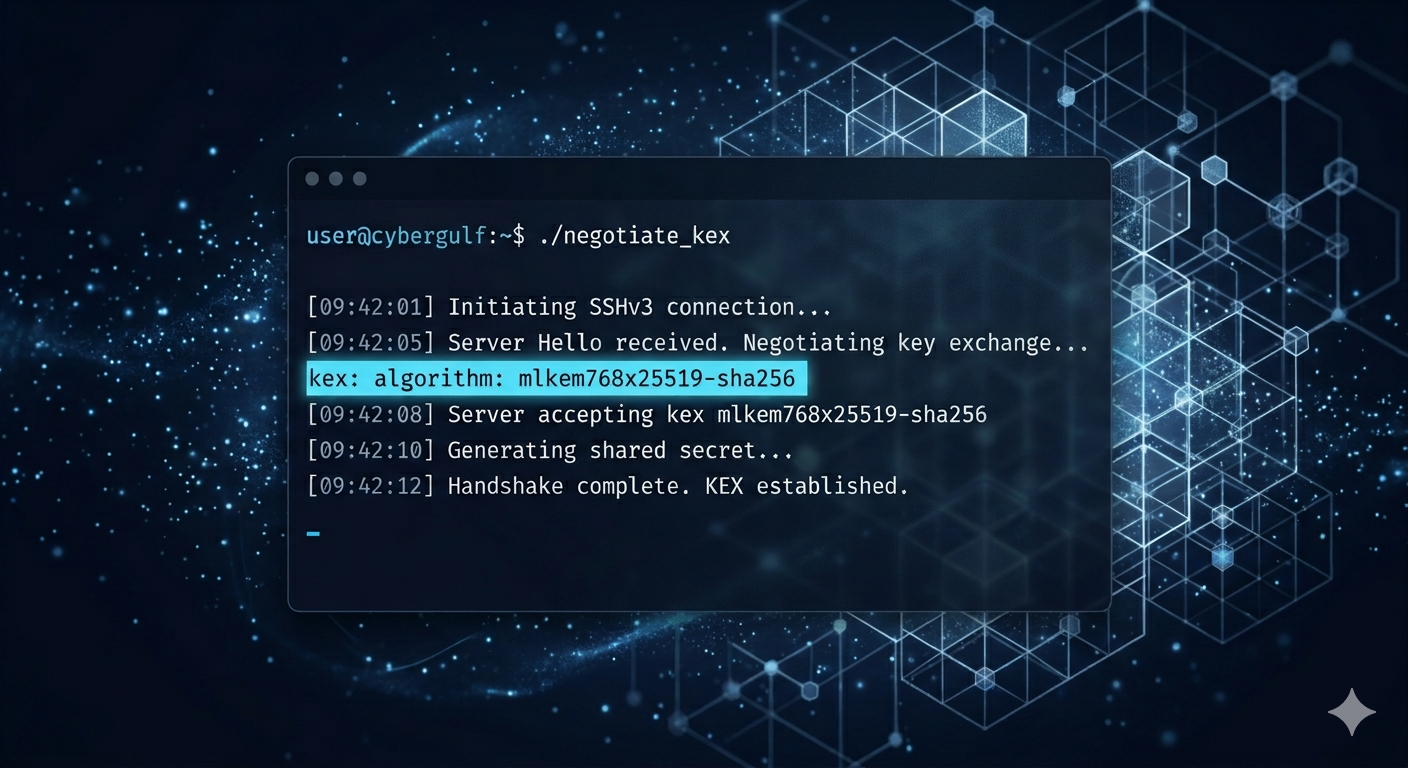 Post-quantum SSH configuration shown in a terminal window with a lattice cryptography motif